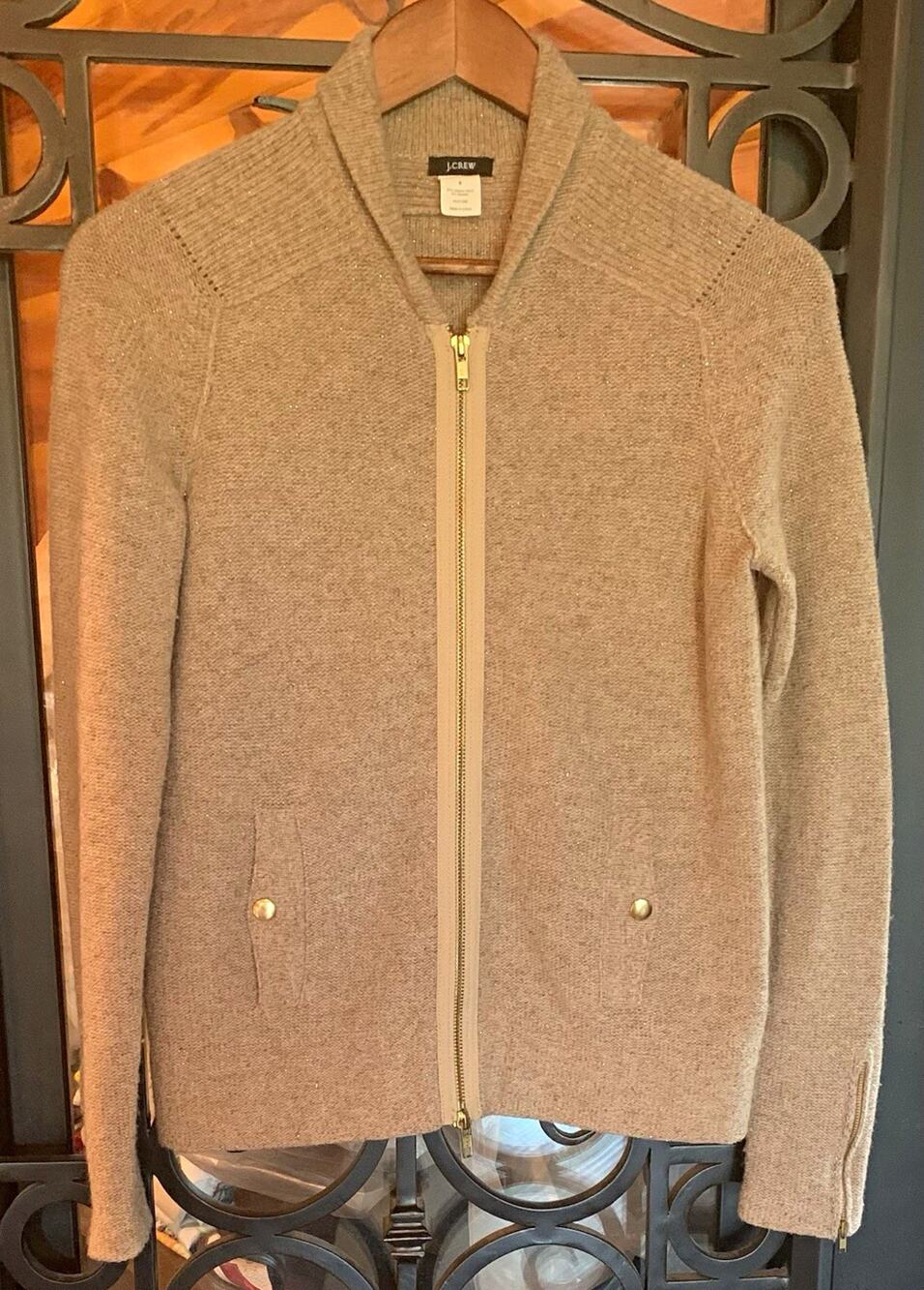 J Crew Merino Wool Metallic Sweater Cardigan Full Zip Shimmer Gold S